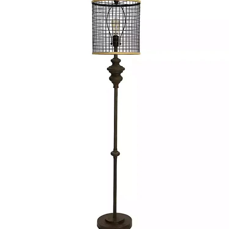 Kirklands Home Floor Lamps|Industrial Edison Bulb Metal Mesh Shade Floor Lamp Black