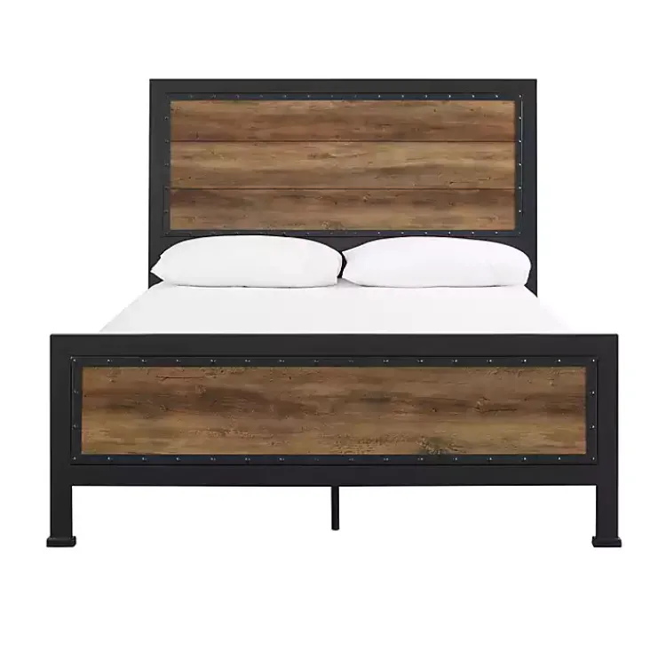Kirklands Home Beds & Headboards|Industrial Rustic Oak Queen Bed with Metal Frame Brown