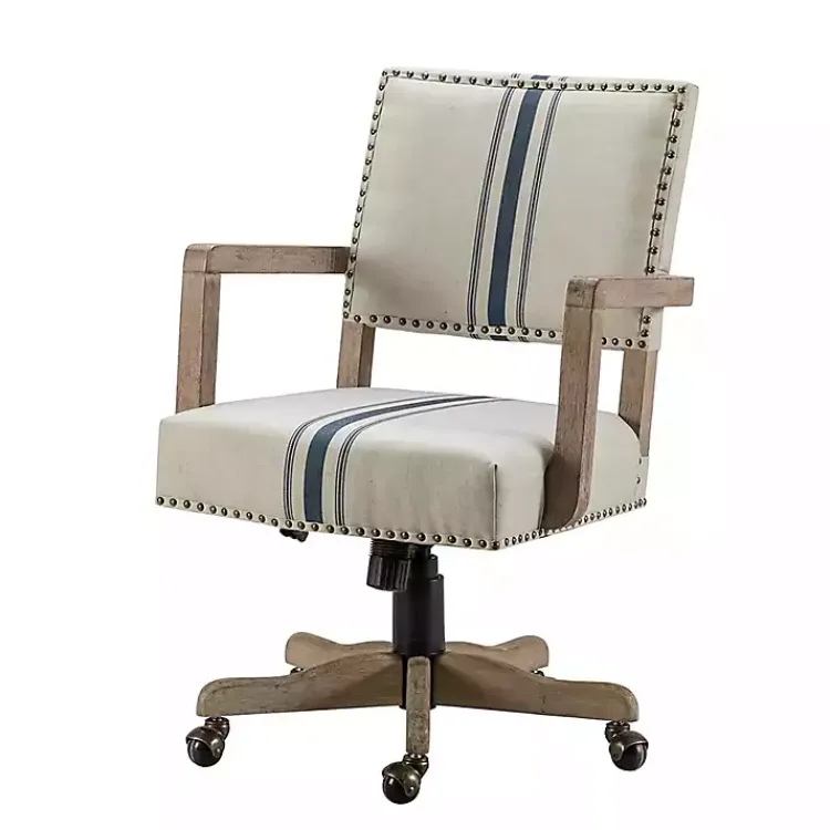 Kirklands Home Office Furniture|Ivory and Blue Stripe Natural Wood Office Chair