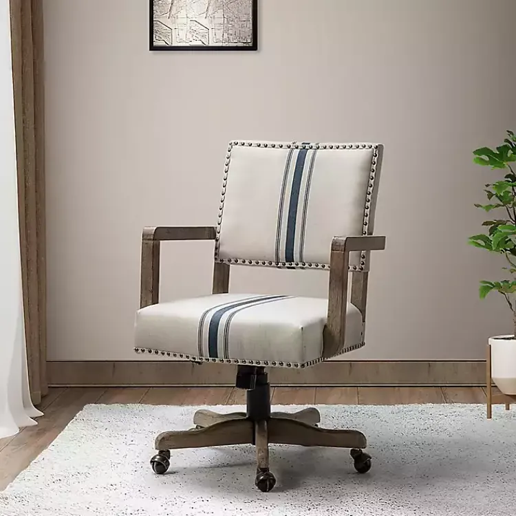 Kirklands Home Office Furniture|Ivory and Blue Stripe Natural Wood Office Chair