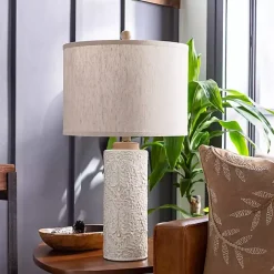 Kirklands Home Table Lamps|Ivory Embossed Floral Cylinder Table Lamp Tan