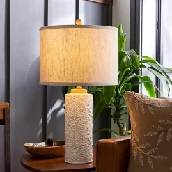 Kirklands Home Table Lamps|Ivory Embossed Floral Cylinder Table Lamp Tan