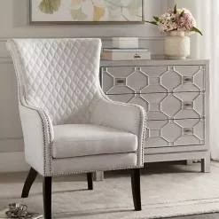 Kirklands Home Accent Chairs|Ivory Lanea Quilted Accent Chair with Silver Studs White