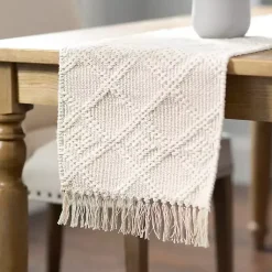 Kirklands Home Table Linens|Woven Lattice Tasseled Table Runner Ivory