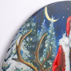 Outlet Jolly Santa with Reindeer Round Canvas Art Print Christmas Art & Wall Decor