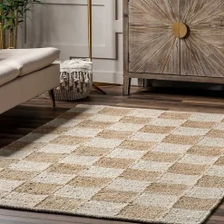 Kirklands Home Area Rugs|Jute Tan Checkered Area Rug, 5x8