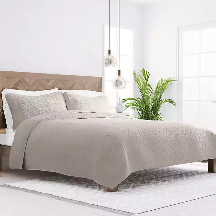 Kirklands Home Quilts|Latte Floral Stitch 3-pc. Queen Quilt Set Tan