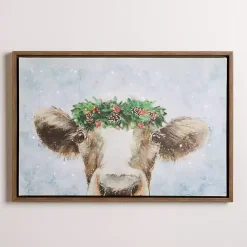 LED Cow with Christmas Greenery Canvas Art Print Christmas Art & Wall Decor