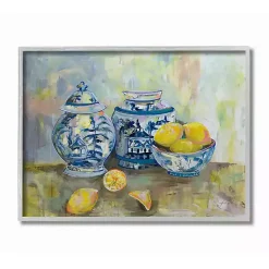 Kirklands Home Framed Art|Lemons in Blue Pottery Wooden Art Yellow