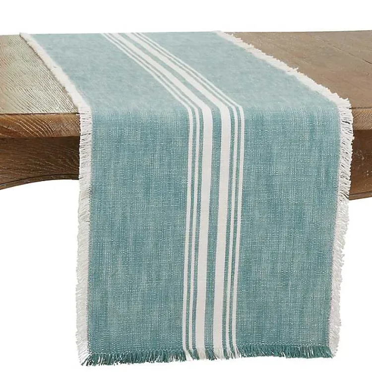 Kirklands Home Table Linens|Light Blue Striped Fringe Table Runner, 72 in.