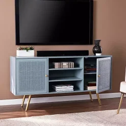 Kirklands Home Tv Stands & Media Consoles|Light Wood and Cane Media Cabinet Blue