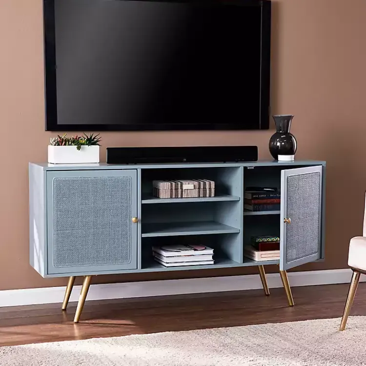 Kirklands Home Tv Stands & Media Consoles|Light Wood and Cane Media Cabinet Blue