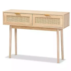 Kirklands Home Console Tables|Light Oak Rat and Wood Console Table Tan