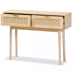 Kirklands Home Console Tables|Light Oak Rat and Wood Console Table Tan