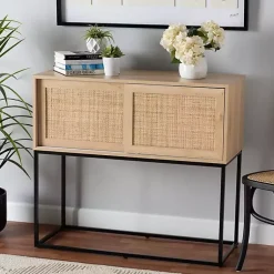 Kirklands Home Cabinets & Sideboards|Light Wood and Rat Sliding Door Cabinet Tan