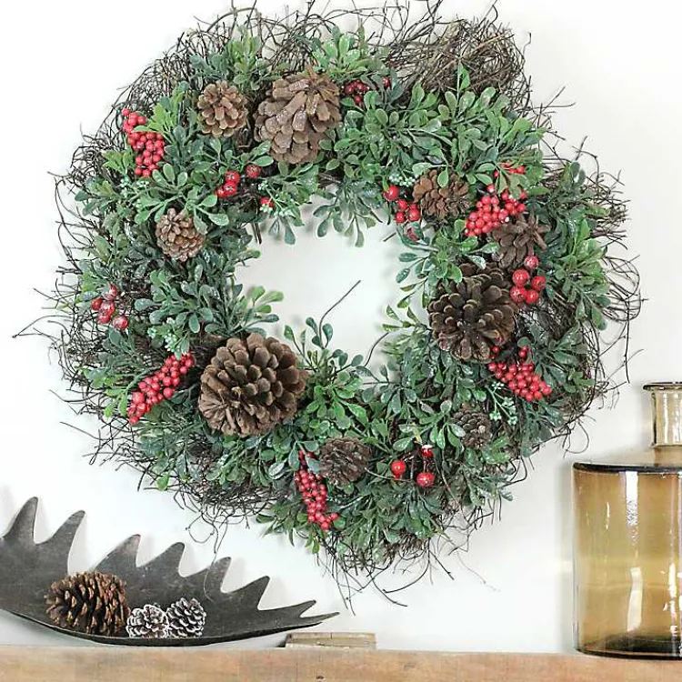 Clearance Lightly Frosted Cedar and Red Berry Wreath Wreaths