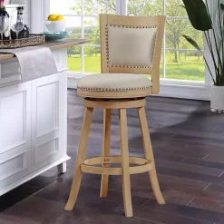 Kirklands Home Bar Stools & Counter Height Stools|Linen and Wood Nailhead Swivel Bar Stool Tan