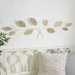 Kirklands Home Wall Plaques|Long White Metal and Reed Leaf Wall Plaque