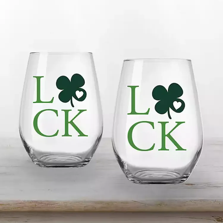 Sale Luck Shamrock Stemless Wine Glasses, Set of 2 St Patricks Day Decorations