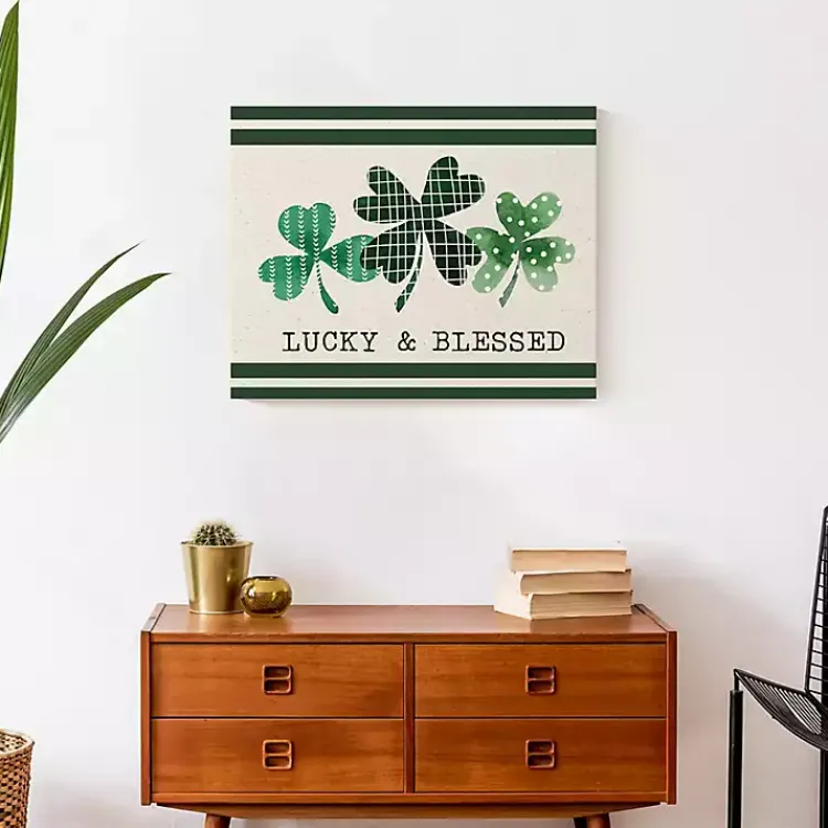 Discount Lucky & Blessed Clover Trio Canvas Art Print St Patricks Day Decorations
