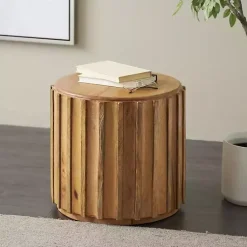 Kirklands Home Accent & End Tables|Mango Wood Ridged Drum Accent Table Brown