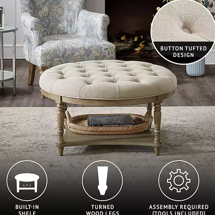Kirklands Home Benches & Ottomans|Martha Stewart Round Cream Ottoman with Shelf Ivory