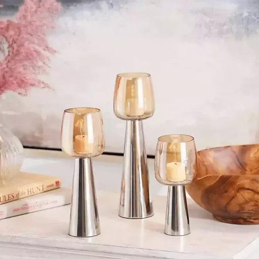 Modern Silver Base Glass 3-pc. Candle Holder Set Candle Holders