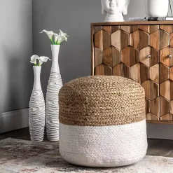 Best Natural and White Neely Jute Braided Pouf Poufs & Floor Cushions