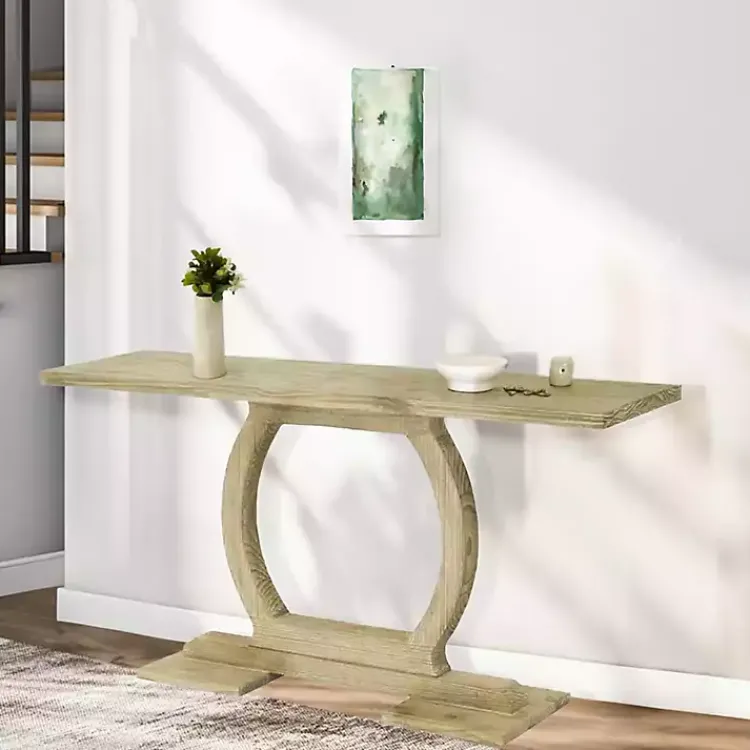 Kirklands Home Console Tables|Natural Barnwood Circular Pedestal Console Table Tan