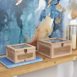 Hot Natural Rat and Glass Top Boxes, Set of 2 Baskets & Boxes
