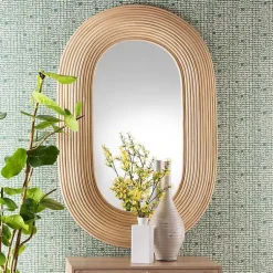 Kirklands Home Decorative Mirrors|Natural Rattan Boho Oval Wall Mirror