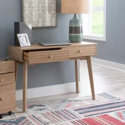 Kirklands Home Office Furniture|Natural Ripples 2-Drawer Wood Desk Brown