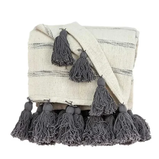 Sale Natural Striped Cotton Handloomed Tassel Throw Blankets & Throws