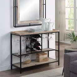 Kirklands Home Console Tables|Natural Wood & Black Metal Wine Rack Console Table