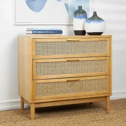 Kirklands Home Dressers & Chests|Natural Wood and Rat 3-Drawer Chest Tan