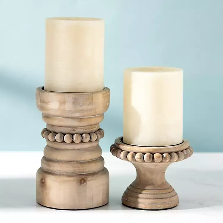 Outlet Natural Wood Beaded Pillar Candle Holder, 4 in. Candle Holders