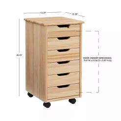 Kirklands Home Office Furniture|Natural Wood 6-Drawer Cary Storage Cart Tan