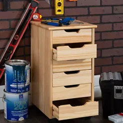 Kirklands Home Office Furniture|Natural Wood 6-Drawer Cary Storage Cart Tan