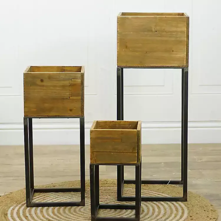 Kirklands Home Planters|Natural Wood with Metal Base Planters, Set of 3