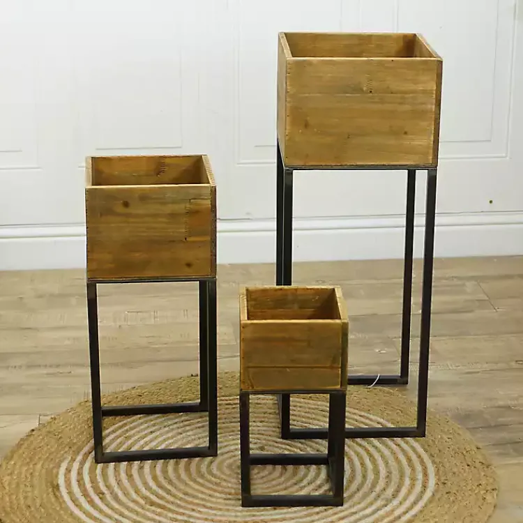 Kirklands Home Planters|Natural Wood with Metal Base Planters, Set of 3