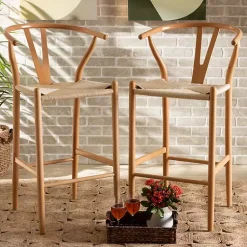 Kirklands Home Bar Stools & Counter Height Stools|Natural Wood Woven Yarn Seat Bar Stools, Set of 2 Tan