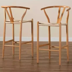 Kirklands Home Bar Stools & Counter Height Stools|Natural Wood Woven Yarn Seat Bar Stools, Set of 2 Tan