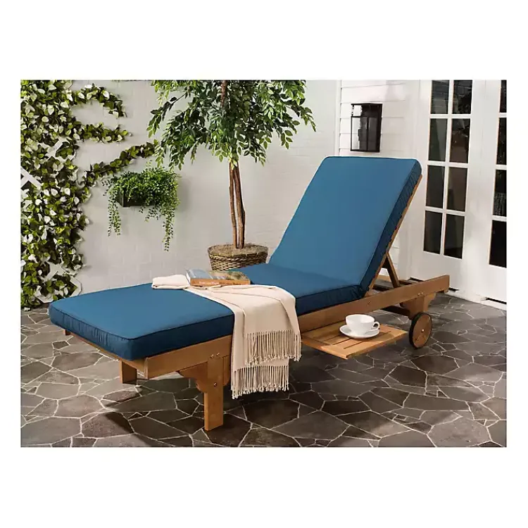 Kirklands Home Outdoor Seating|Natural Wooden Chaise with Table and Navy Cushion Blue