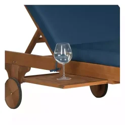 Kirklands Home Outdoor Seating|Natural Wooden Chaise with Table and Navy Cushion Blue