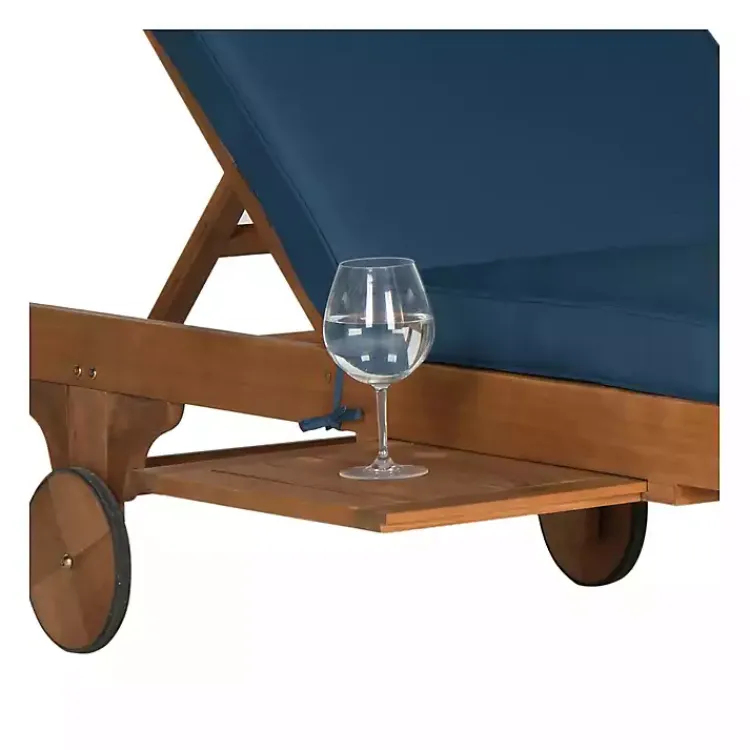 Kirklands Home Outdoor Seating|Natural Wooden Chaise with Table and Navy Cushion Blue