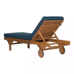 Kirklands Home Outdoor Seating|Natural Wooden Chaise with Table and Navy Cushion Blue