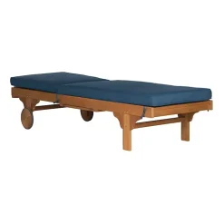 Kirklands Home Outdoor Seating|Natural Wooden Chaise with Table and Navy Cushion Blue