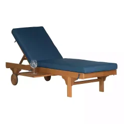 Kirklands Home Outdoor Seating|Natural Wooden Chaise with Table and Navy Cushion Blue