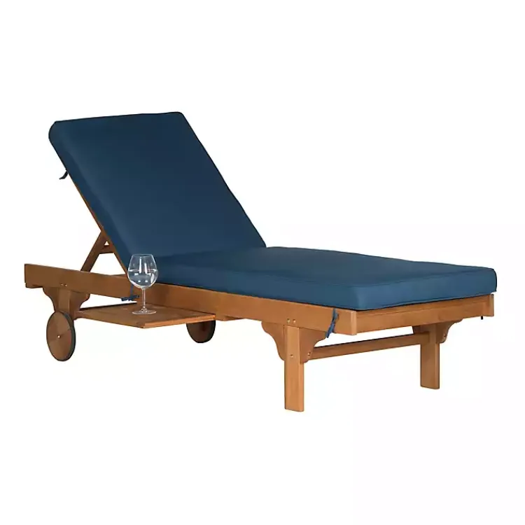 Kirklands Home Outdoor Seating|Natural Wooden Chaise with Table and Navy Cushion Blue