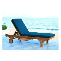Kirklands Home Outdoor Seating|Natural Wooden Chaise with Table and Navy Cushion Blue